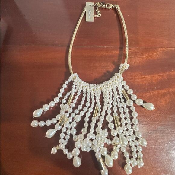 Chico's ASTER FRINGE Necklace Pearl Waterfall Gold Cream NWT $69 Statement - Picture 1 of 10